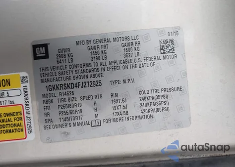 2015 GMC Acadia Slt-2 z USA, uszkodzony, nr VIN 1GKKRSKD4FJ272925